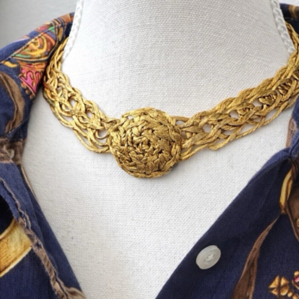 Vintage Woven Gold Medallion Choker Necklace Statement Runway